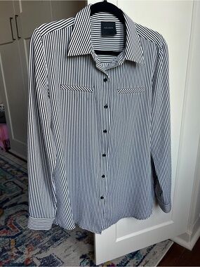 Alex Marie Piper Black and White Stripe Button-Front Long Sleeve Blouse